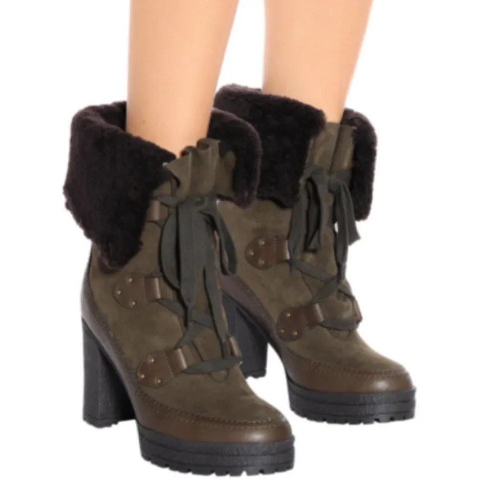 SEE BY CHLOE VERENA PLATFORM GENUINE SHEARLING LINED LACEUP BOOT MSRP $555 SAGE